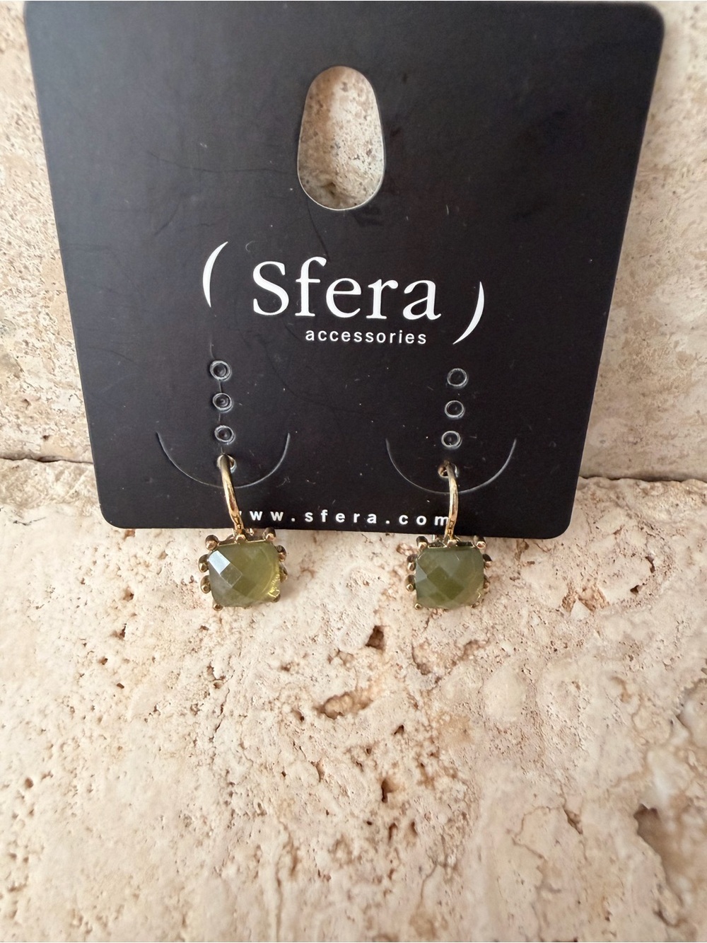 (SFERA)Gold Tone Olive Green Faceted Drop Earrings | Statement Dangle Jewelry